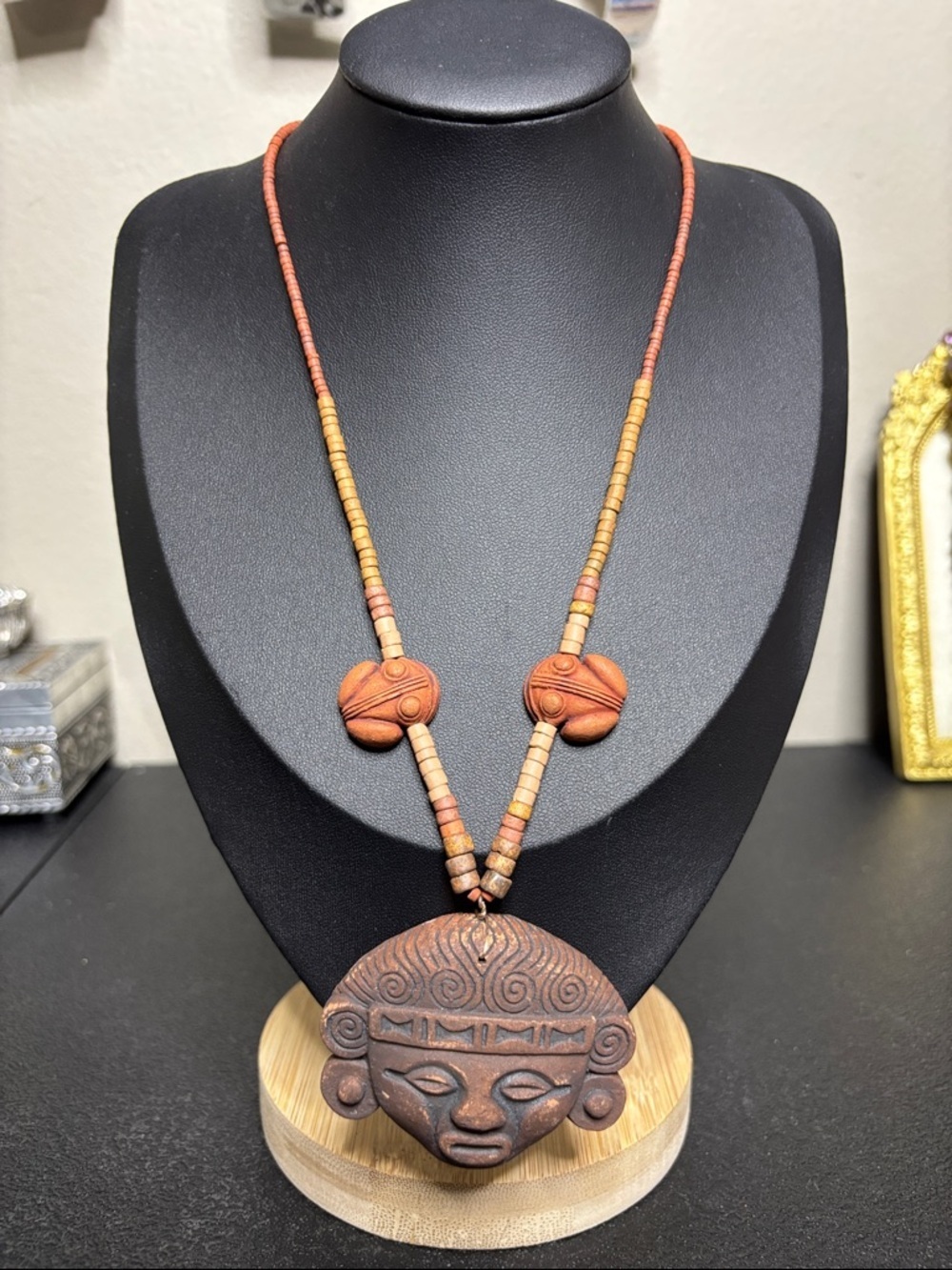 Mayan Aztec Clay Face Pendant Frog Beaded Wood Handcrafted Necklace